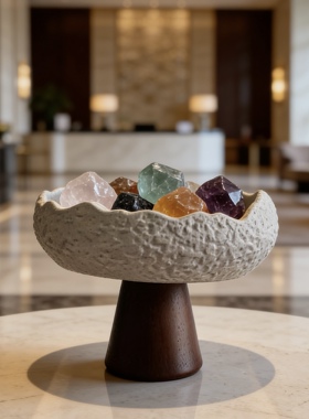 侘寂风中式高脚陶瓷水晶球石头托盘高颜值实木桌面装饰品玄关摆设