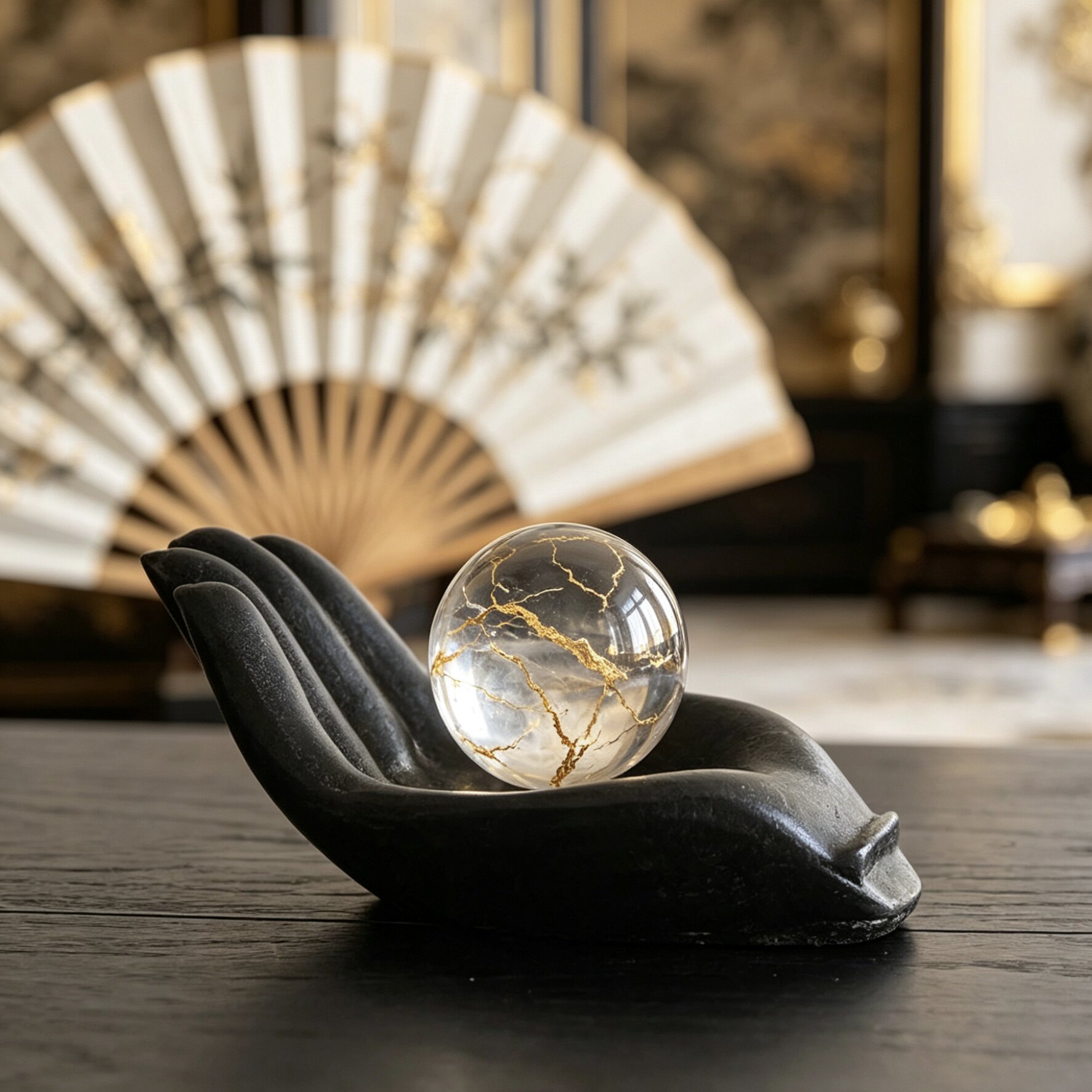 侘寂风复古黑色水晶球底座家用客厅茶几创意个性玄关装饰托盘摆放