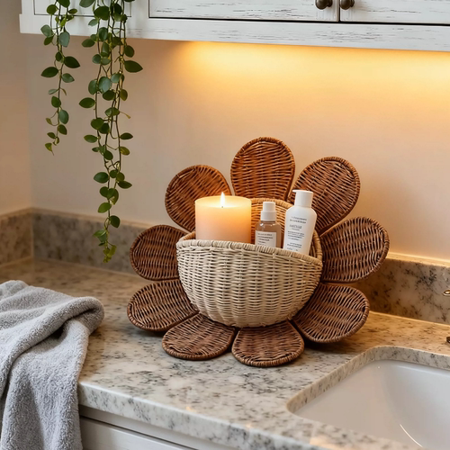 简约风格房间卫生间收纳壁挂藤编中古风墙面装饰品小挂件挂饰创意