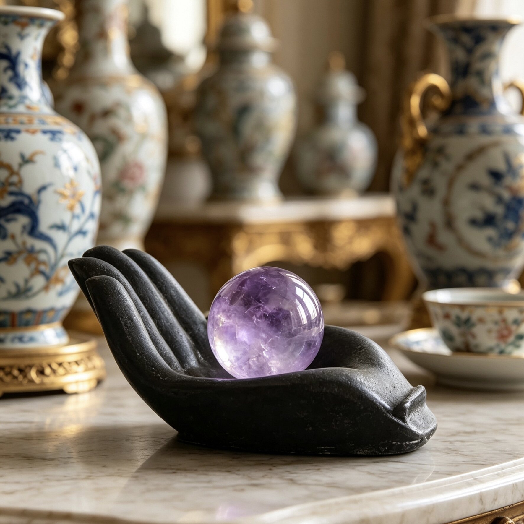 侘寂风复古黑色水晶球底座家用客厅茶几创意个性玄关装饰托盘摆放