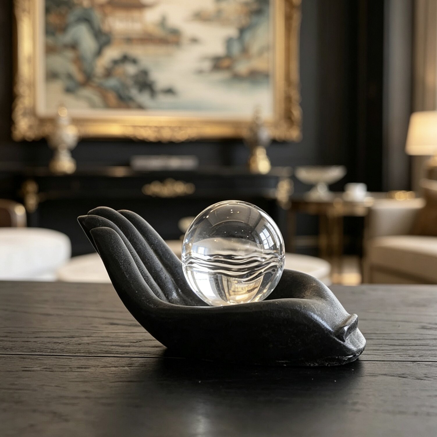 侘寂风中古黑色佛堂清供放水晶球的底座托盘稳重桌面装饰摆件创意