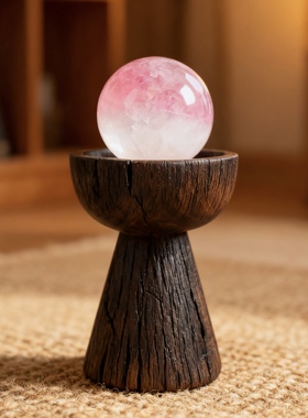 纯实木手工水晶球粉色底座底托加高女生房间床头柜电视柜装饰摆件