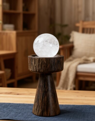 中古风中式水晶球底座高脚纯实木手工自然主义桌面装饰品摆件摆设