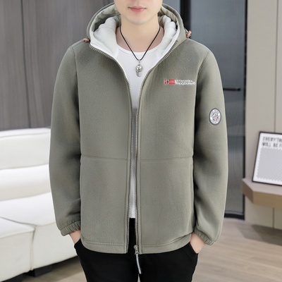 摇粒绒外套秋季新款潮流情侣保暖连帽夹克男抓绒衣卫衣休闲外衣