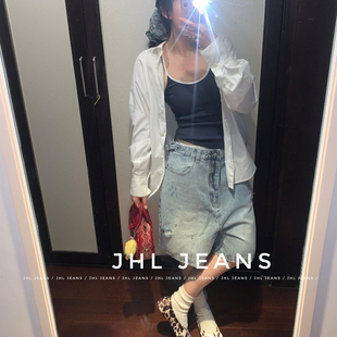 JHL JEANS 洗水扎花洗水痕纹理 夏季宽松直筒刮烂五分中裤