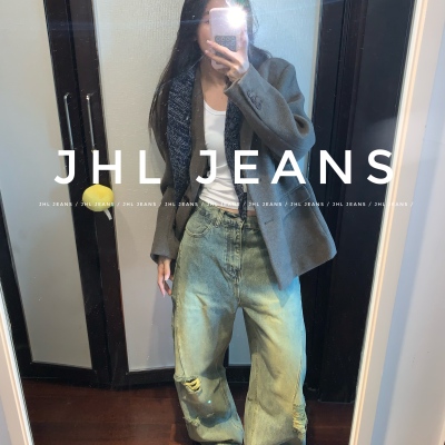 JHL美式复古水洗阔腿牛仔裤