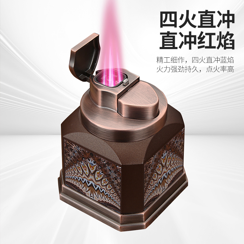 百诚金属台式四火直冲防风打火机充气耐用高端桌面雪茄点烟器礼品