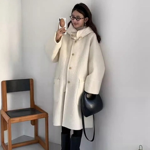 现韩国东大门代购egg2025秋冬气质简约连帽系扣双面羊绒大衣外套