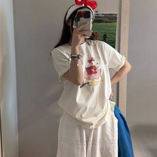 韩国代购百搭宽松卡通猫咪T恤女