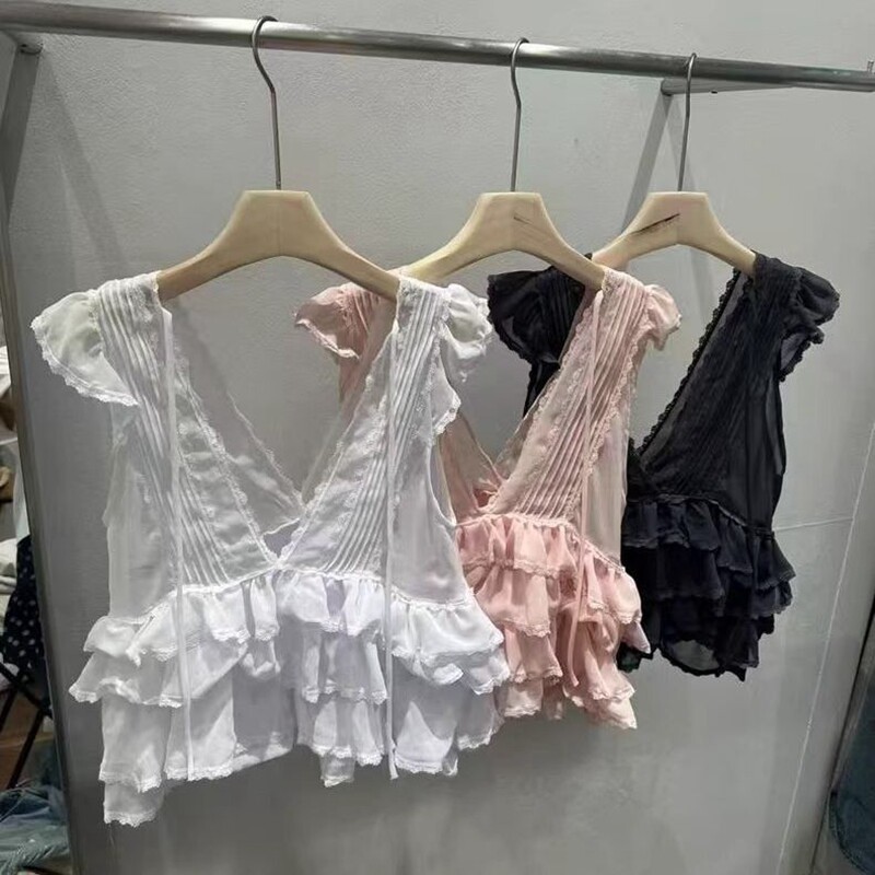 简约韩国代购荷叶边拼接无袖上衣