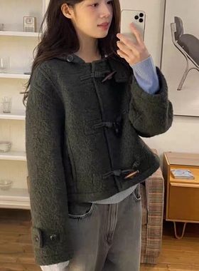 现韩国东大门代购ERUME2025冬季时尚减龄连帽牛角扣短款毛呢大衣