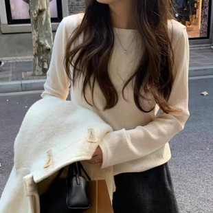 现韩国东大门代购OUNCE2025秋冬新款气质百搭圆领坑条长袖打底T恤