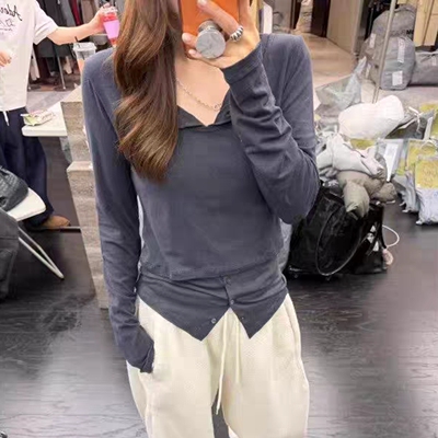 长袖简约百搭韩国代购假两件T恤