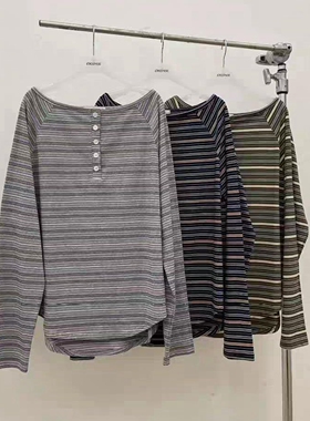 现韩国东大门代购atmosphere2025秋季休闲一字领撞色条纹长袖T恤