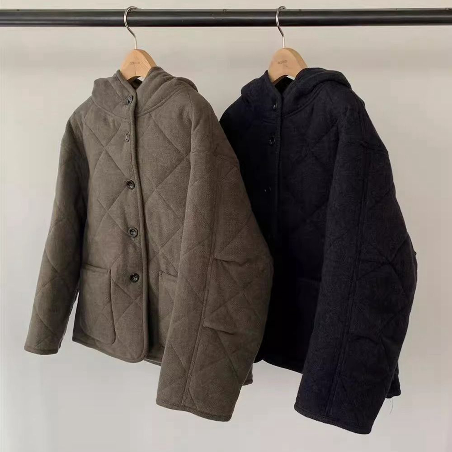 韩国代购复古百搭连帽菱格棉服