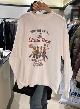 现韩国东大门代购self service2025秋冬百搭减龄字母小熊长袖T恤