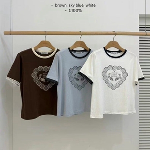 现韩国东大门代购BY CHAPTER2025春夏时尚撞色圆领蕾丝边短袖T恤