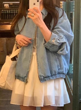 现韩国东大门代购OBJET2025秋季款百搭复古休闲翻领拉链牛仔外套