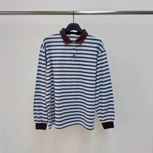 现韩国东大门代购water river2026春宽松休闲拼色翻领条纹长袖T恤