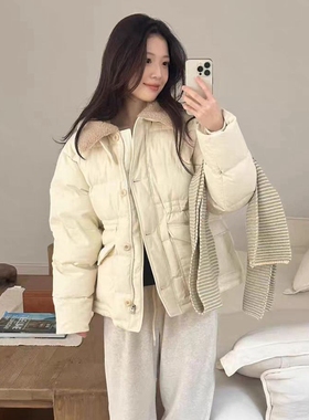现韩国东大门代购ERUME2025冬季百搭时尚抽绳收腰羊羔毛领羽绒服