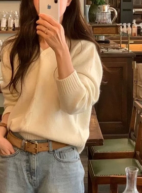 现韩国东大门代购OBJET2025秋冬时尚简约套头V领纯色针织衫毛衣女