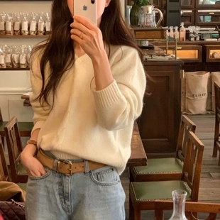 现韩国东大门代购OBJET2025秋冬时尚简约套头V领纯色针织衫毛衣女