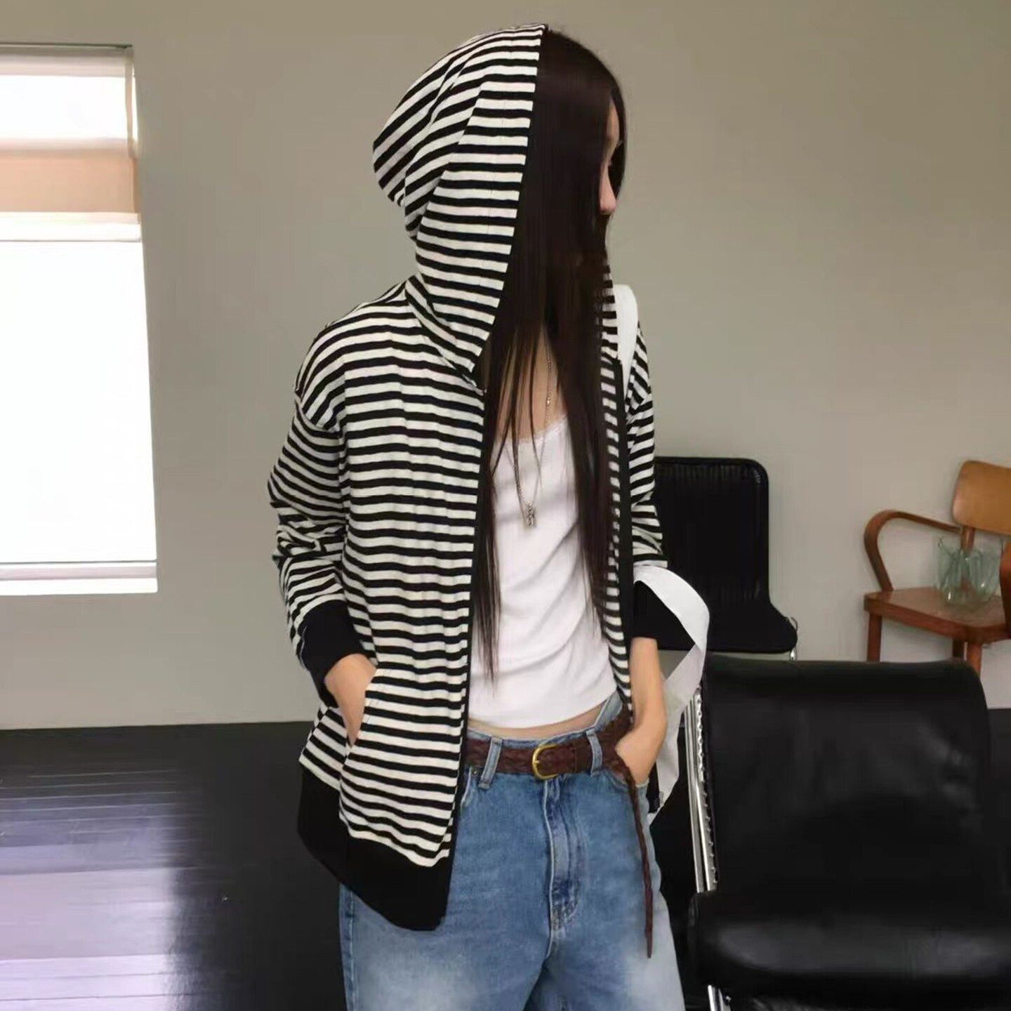 韩国代购撞色百搭条纹连帽外套