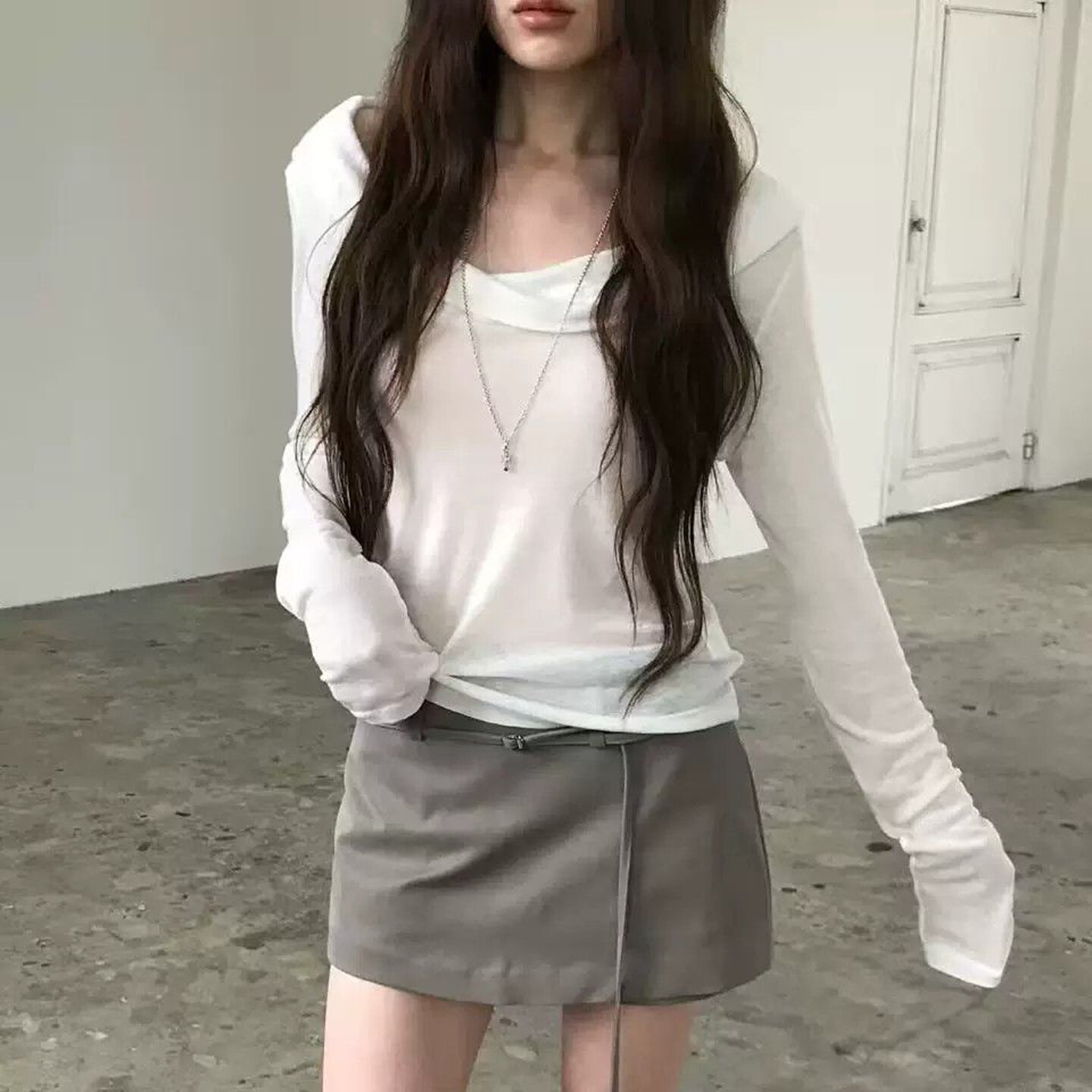 长袖气质简约韩国女装露肩棉T恤