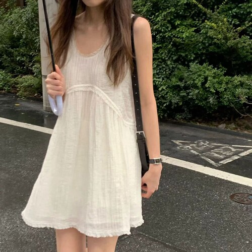 洋气简约韩国代购花边无袖连衣裙