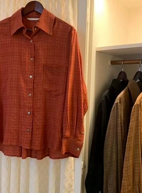 现韩国东大门代购OBJET2025秋季新休闲时尚翻领格子系扣长袖衬衫