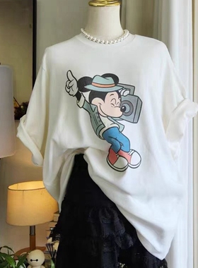 现韩国东大门代购CREDITO2025秋季洋气百搭米奇印花圆领短袖T恤女