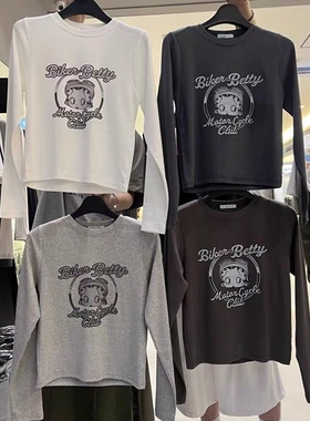现韩国东大门代购credito2025秋百搭简约字母卡通贝蒂印花长袖T恤