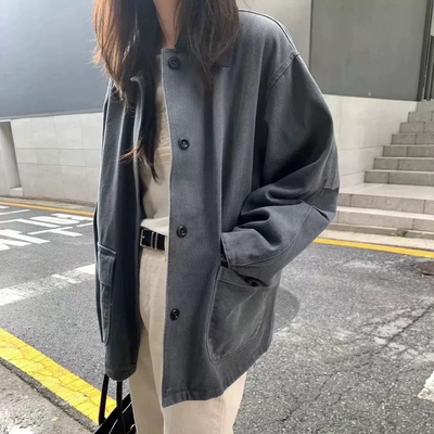 韩国代购复古休闲拼色领百搭外套