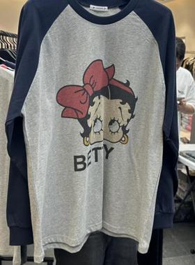 现韩国东大门代购CREDITO2025秋新款百搭蝴蝶结贝蒂拼色长袖T恤女