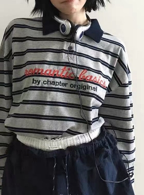 现韩国东大门代购by chapter202秋季休闲宽松翻领条纹字母刺绣T恤