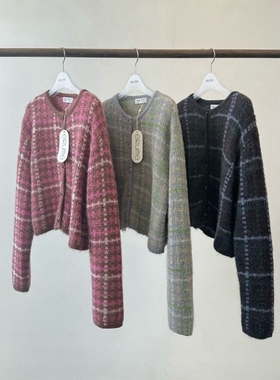 现韩国东大门代购ERUME2025秋季款时尚简约格子圆领系扣针织开衫