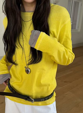 现韩国东大门代购atmosphere2026春简约百搭圆领明线刺绣长袖T恤