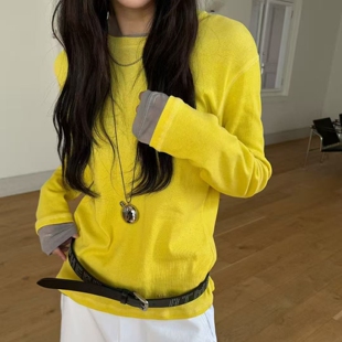 现韩国东大门代购atmosphere2026春简约百搭圆领明线刺绣长袖T恤