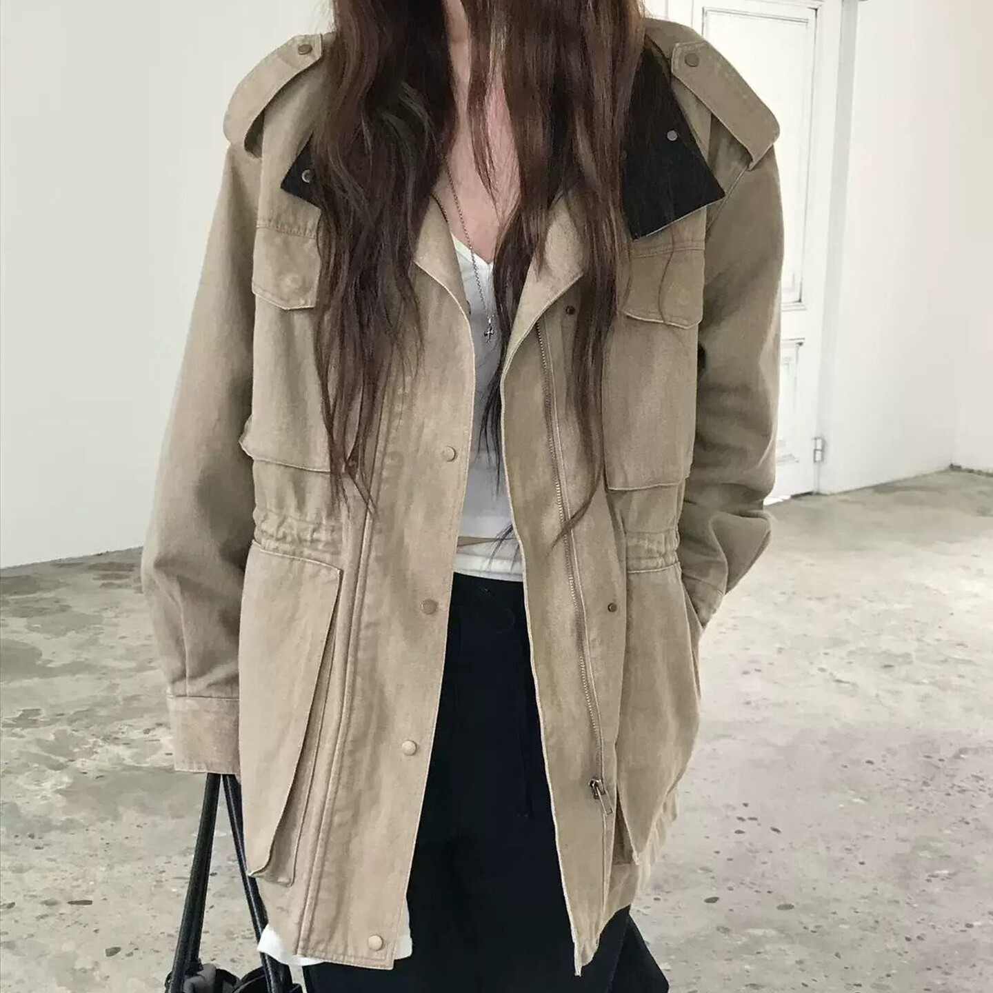 韩国女装休闲百搭立领抽绳外套