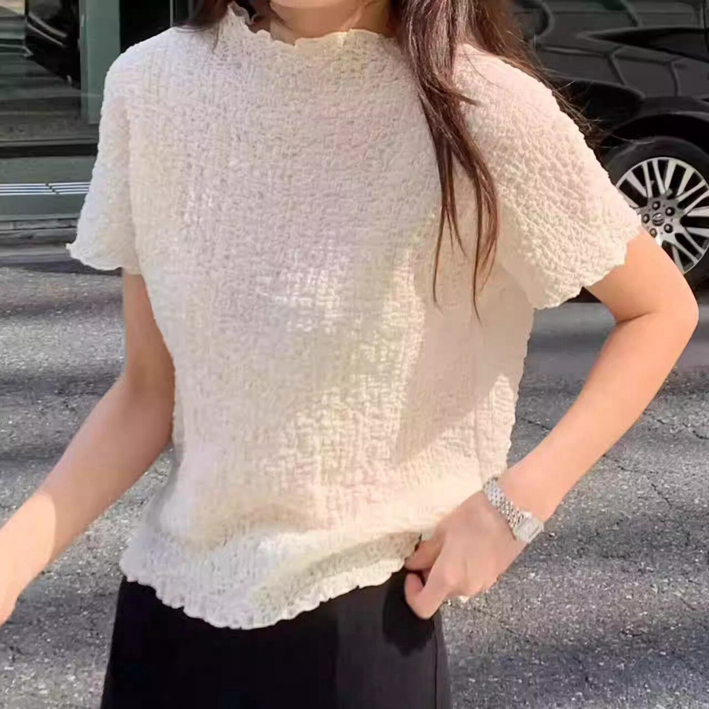 短袖洋气韩国代购纯色褶皱上衣