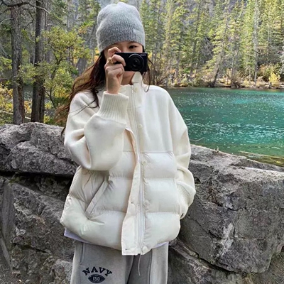 韩国代购百搭短款羊毛拼接棉服