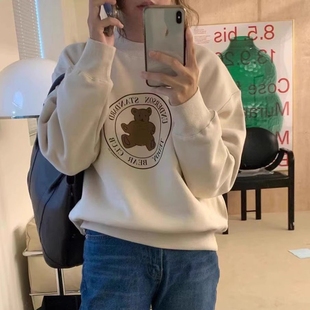 现韩国东大门代购女underson2025冬新款百搭宽松小熊印花加绒卫衣