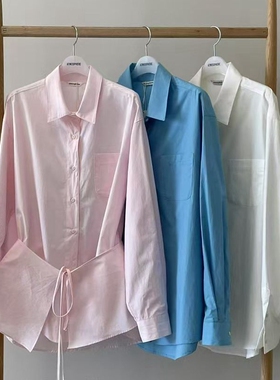 现韩国东大门代购atmosphere2025秋季百搭翻领系扣裙帘长袖衬衫女