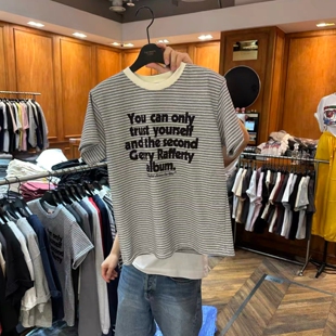T恤 圆领拼色条纹字母印花短袖 现韩国东大门代购 GARMENT2026春时尚