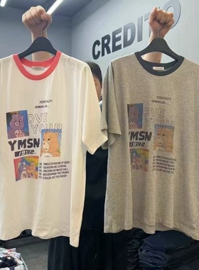 现韩国东大门代购CREDITO2025春夏款休闲百搭卡通字母小熊短袖T恤