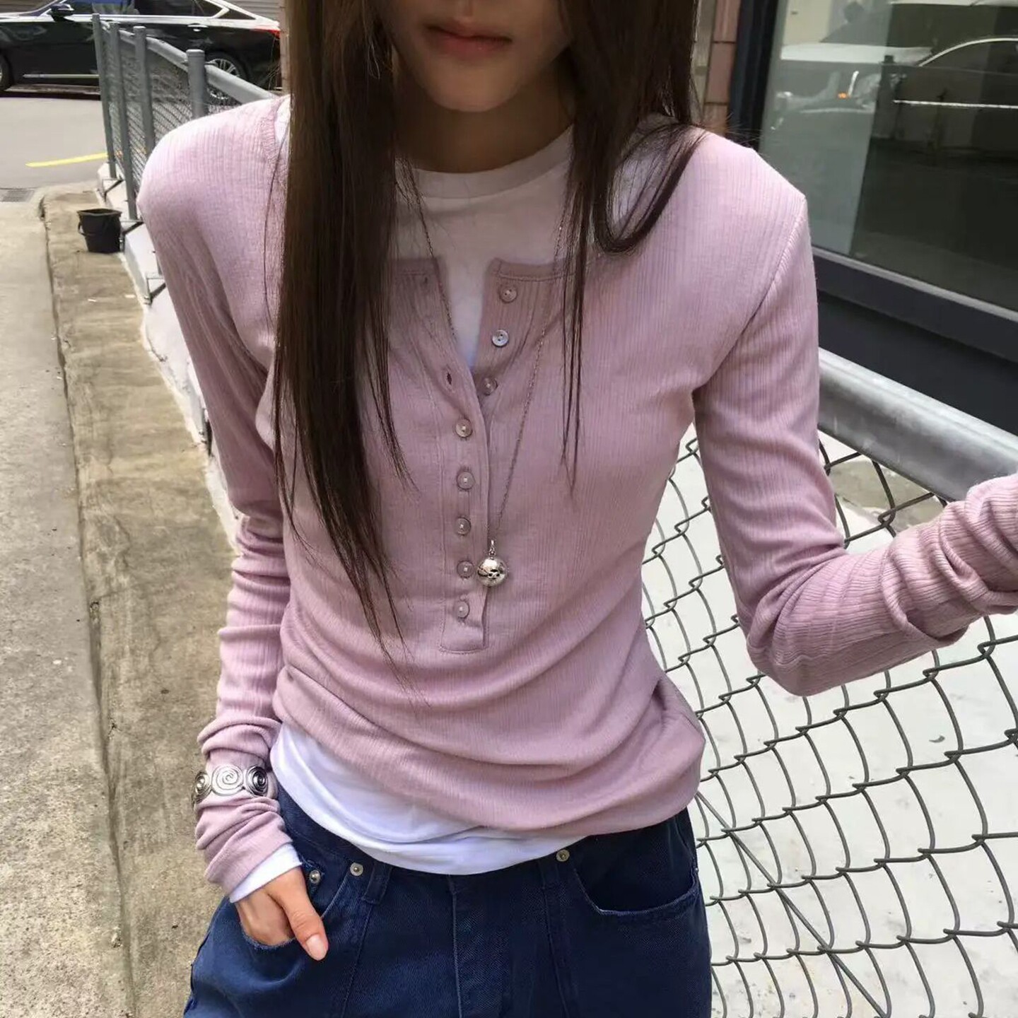 长袖简约韩国女装半系扣圆领T恤