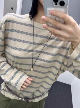 现韩国东大门代购HELDER2025秋季简约百搭圆领条纹长袖针织衫T恤