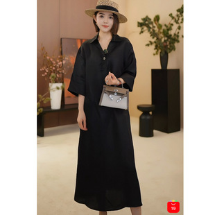 桑蚕丝翻领纯黑色长裙 Forever&HH