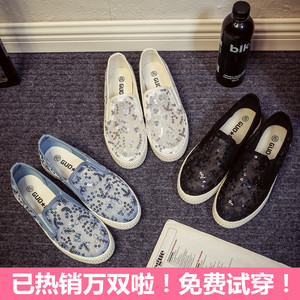 夏季新款蕾丝网布鞋女镂空透气帆布鞋一脚蹬懒人鞋白色平底休闲鞋