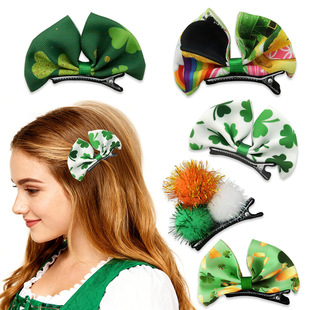 爱尔兰节发夹三叶草蝴蝶结发卡头饰圣帕特里克节派对装饰儿童发饰